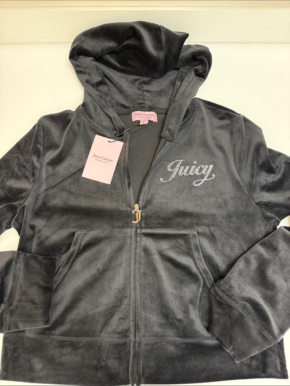 NWT Juicy Couture Black Velour Zip Hoodie with Rhinestone Logo